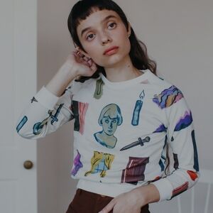 Samantha Pleet White and Green Crop Graphic Sweatshirt